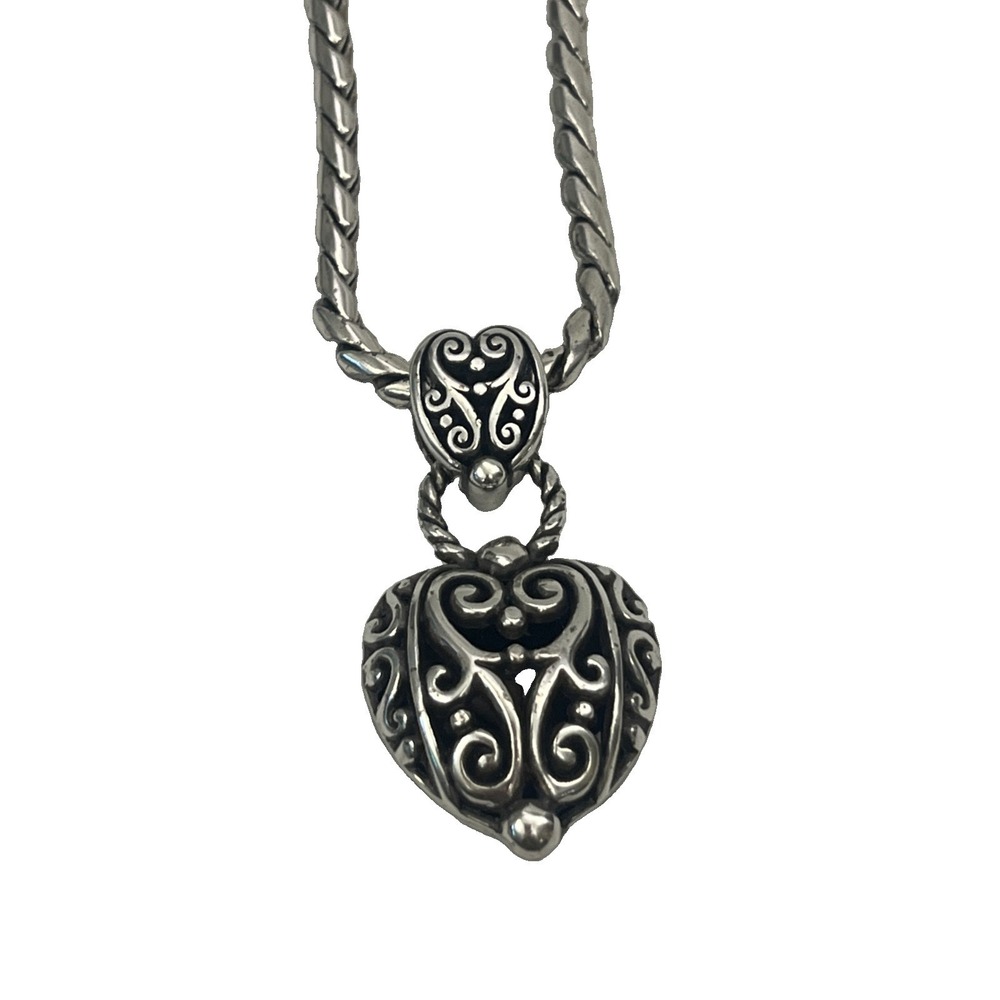 Brighton Bibi Silver Large Puff Filigree Heart Pendant Thick Chain Necklace